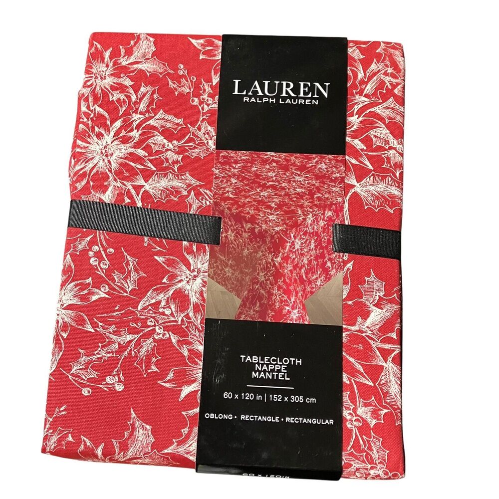 Ralph Lauren Tablecloth 60x120 Red Christmas Festive Rectangle Poinsettia Cotton